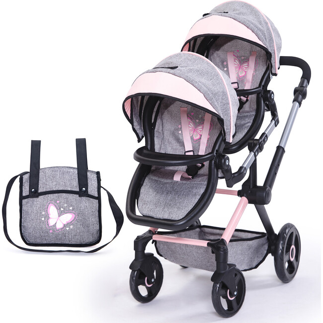 Bayer Design Dolls: Xeo Twin Pram - Butterfly Grey & Pink