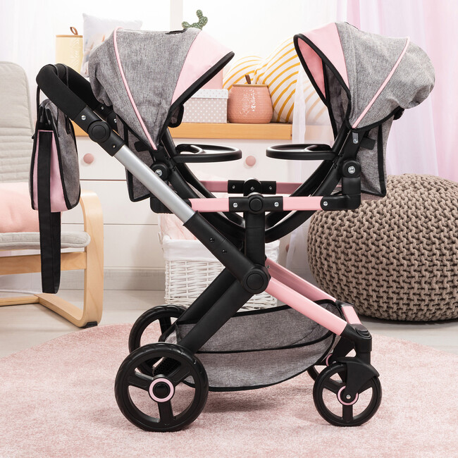 Bayer Design Dolls: Xeo Twin Pram - Butterfly Grey & Pink - Doll Accessories - 2
