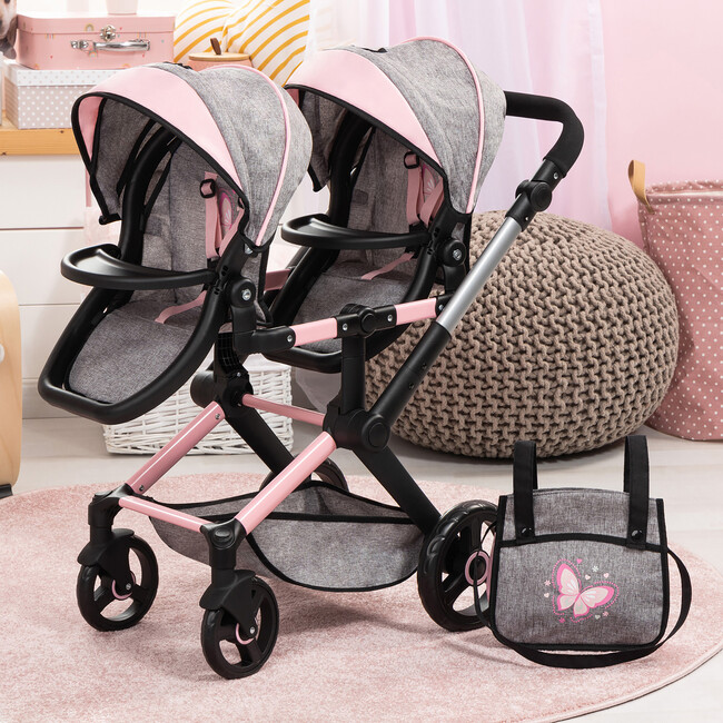 Bayer Design Dolls: Xeo Twin Pram - Butterfly Grey & Pink - Doll Accessories - 3