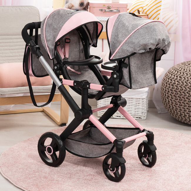 Bayer Design Dolls: Xeo Twin Pram - Butterfly Grey & Pink - Doll Accessories - 4