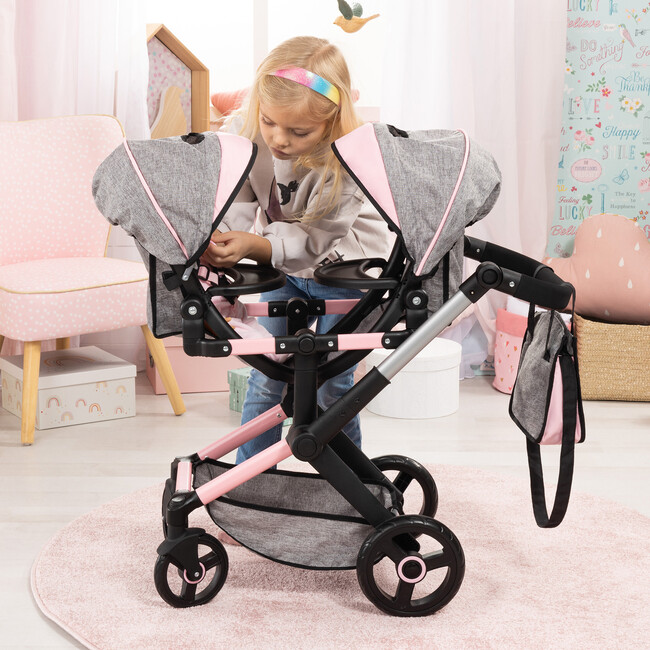 Bayer Design Dolls: Xeo Twin Pram - Butterfly Grey & Pink - Doll Accessories - 6
