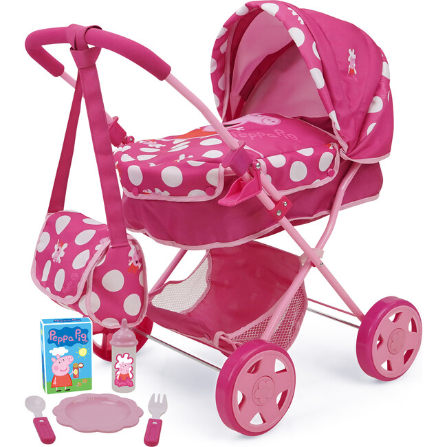 Peppa Pig 7 Piece Baby Classic Doll Pram Set - Pink & White Dots