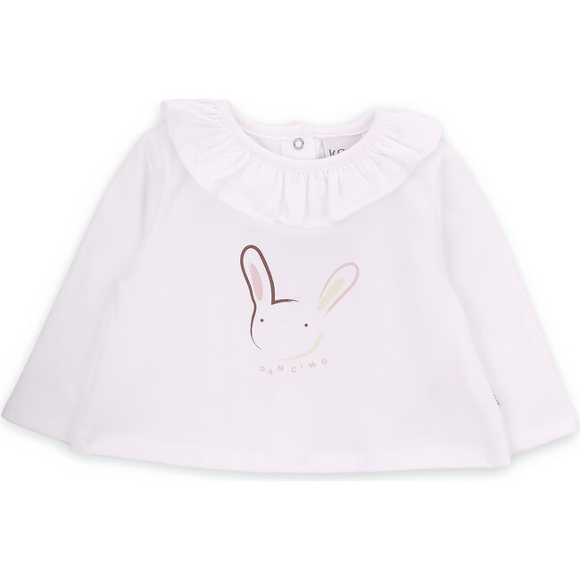 Babys Bunny Print Organic Cotton Ruffle Collar Long Sleeve T-Shirt, White
