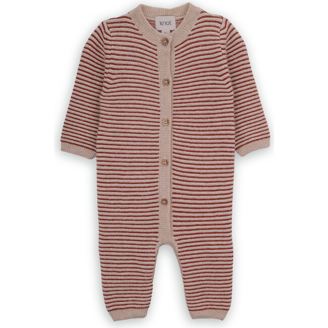 Babys Odell Striped Knit Long Sleeve Hidden Snap Front Button Jumpsuit, Brown