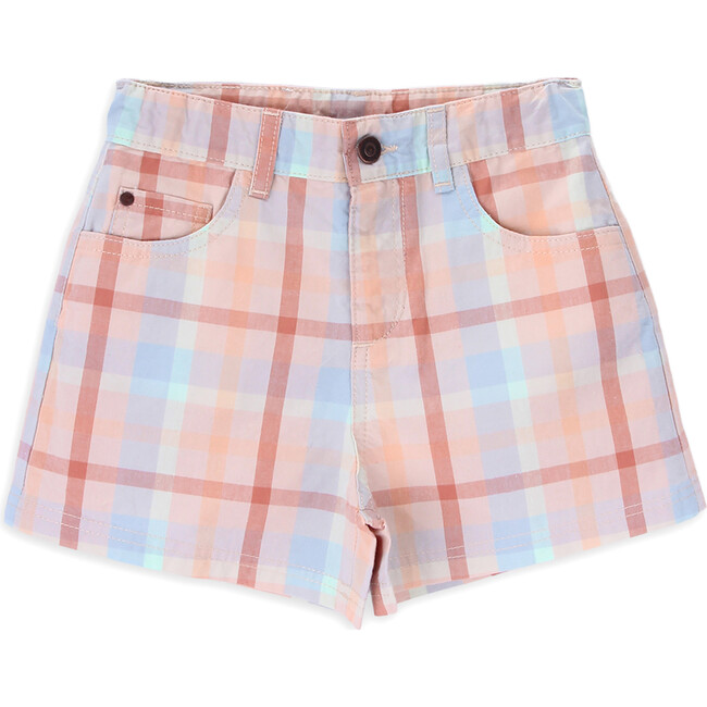 Lynn Twill Metal Buttoned Waistband Zip-Fly Plaid Shorts, Moonrise Checks