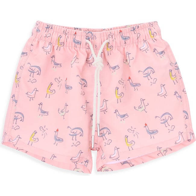 Parker Print Back Flap Pocket Swim Shorts, Coral Birds