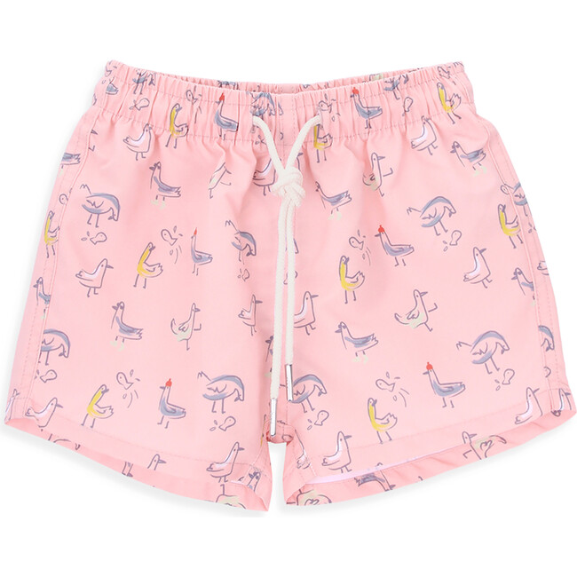 Bodhie Drawstring Elastic Waist Swim Shorts, Coral Birds