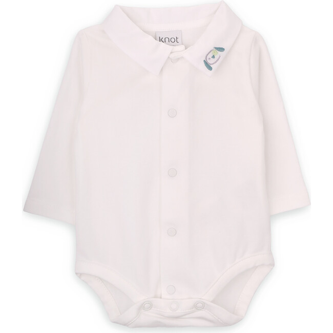 Babys Puppy Organic Cotton Embroidered Collar Long Sleeve Snap Bodysuit, White
