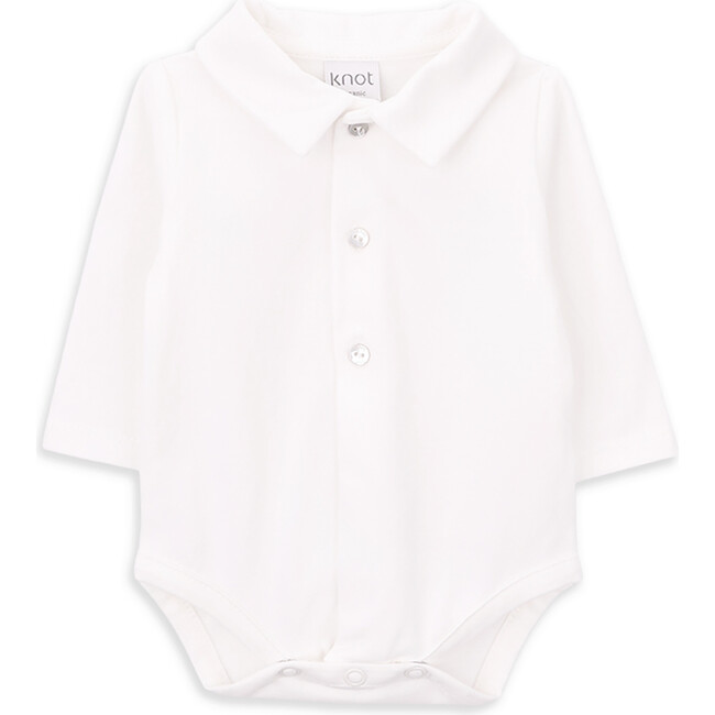 Babys Pete Organic Cotton Embroidered Collar Long Sleeve Snap Bodysuit, White