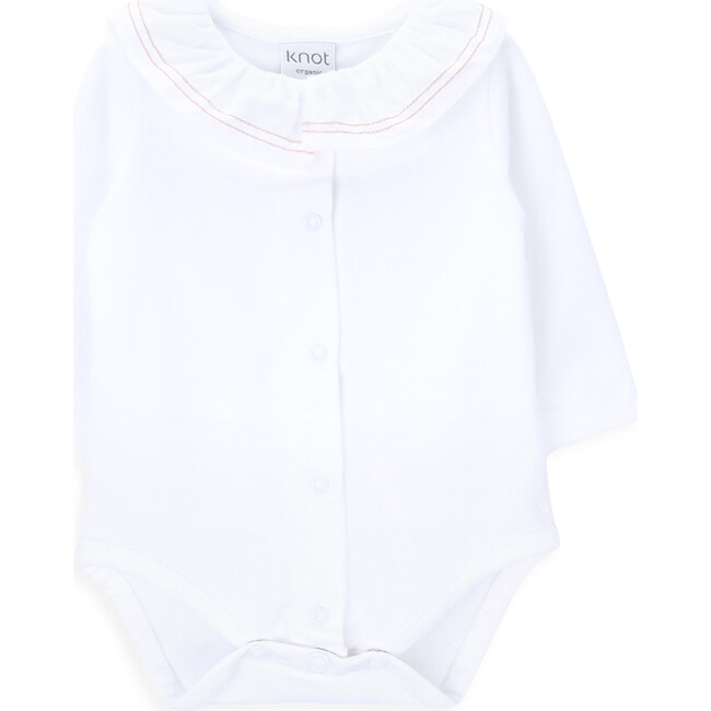 Anna Crew Neck Ruffled Collar Long Sleeve Buttoned Body, White - Onesies - 1