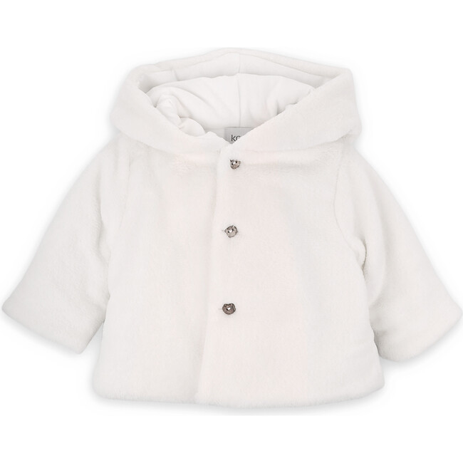 Babys Fluffy Fur Cotton Lining Long Sleeve Hood Button-Up Jacket, White