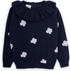 Girls Flowers Merino Wool Knit Round Neck Long Sleeve Sweater, Navy - Sweaters - 1 - thumbnail
