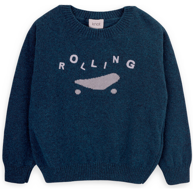 Rolling Merino Wool Knit Round Neck Long Sleeve Sweater, Blue
