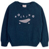 Rolling Merino Wool Knit Round Neck Long Sleeve Sweater, Blue - Sweaters - 1 - thumbnail