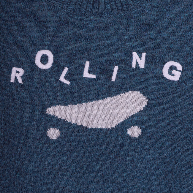 Rolling Merino Wool Knit Round Neck Long Sleeve Sweater, Blue - Sweaters - 2