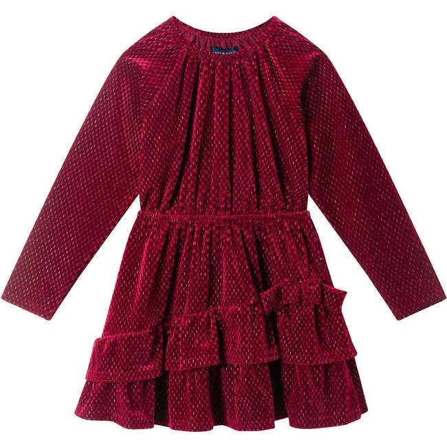 Kids Red Velvet Asymmetrical Tiered Dress, Checkered
