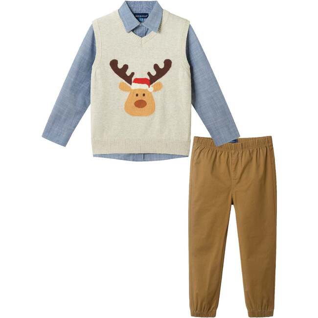 Kids Holiday Sweater Vest Set, Beige Reindeer