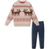 Kids Holiday Sweater & Twill Pant Set, Moose Motif - Mixed Apparel Set - 1 - thumbnail