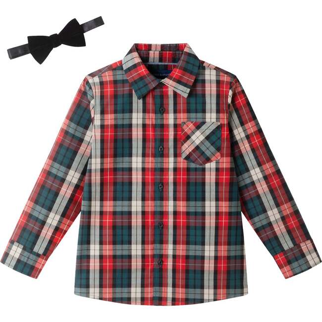 Kids Plaid Buttondown & Bowtie Set, Red Holiday
