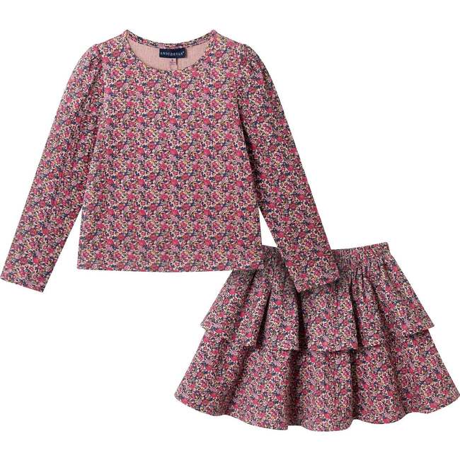 Kids Printed Ls Top & Tiered Skirt Set, Pink Floral