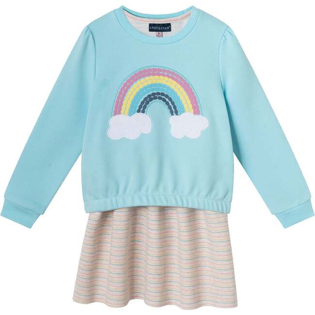 Kids Crewneck Ft Sweatshirt W/Knit Dress Set, Teal Rainbow