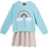 Kids Crewneck Ft Sweatshirt W/Knit Dress Set, Teal Rainbow - Dresses - 1 - thumbnail