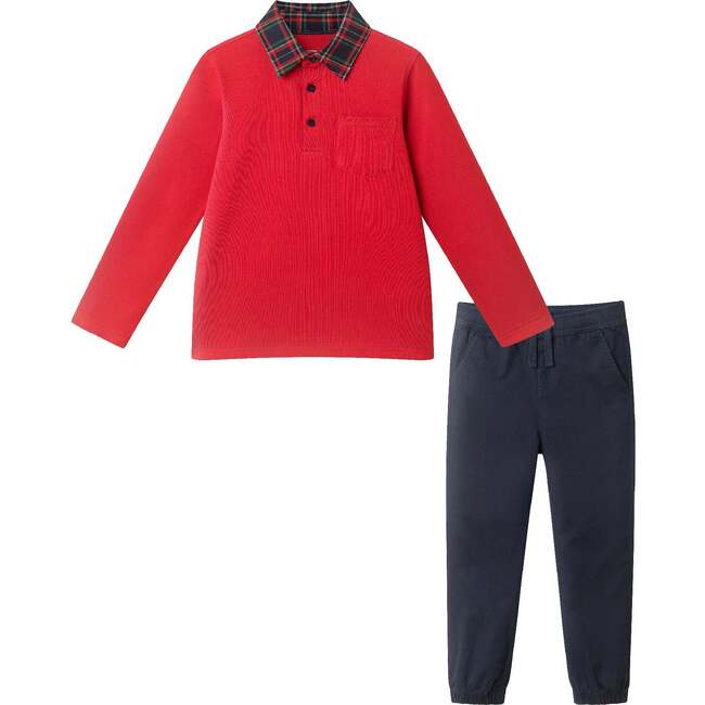 Kids Soft Polo & Twill Pull-On Pant Set, Red Holiday