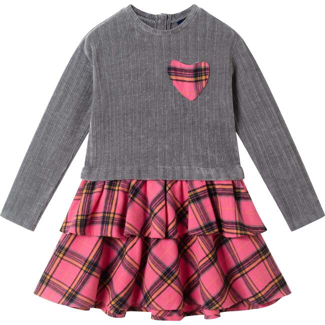 Kids Knit Top Plaid Skirt Dress, Grey & Pink Heart