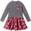 Kids Knit Top Plaid Skirt Dress, Grey & Pink Heart - Dresses - 1 - thumbnail