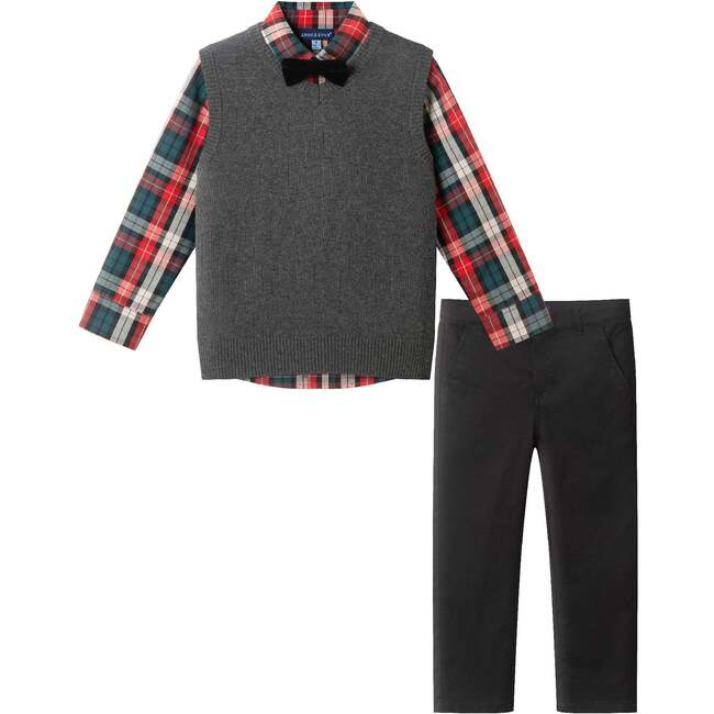 Kids 3-Piece Sweater Vest Set with Bowtie, Red Plaid