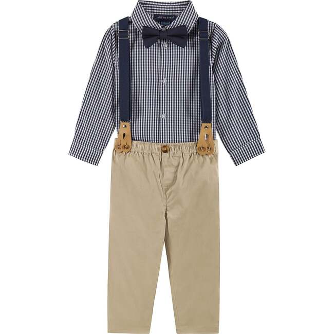 Infant Buttondown Suspenders Set, Navy Gingham