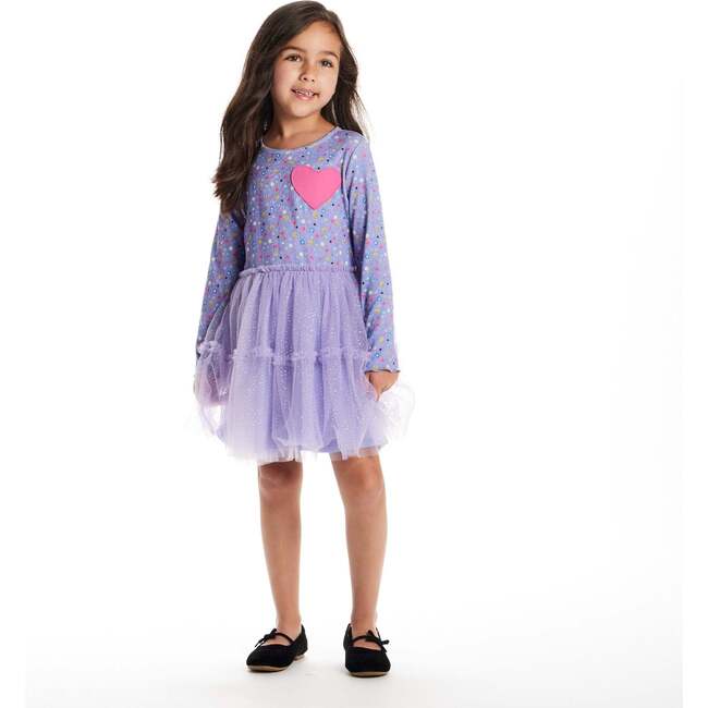 Kids Printed Rib Knit Dress, Purple Hearts - Dresses - 2