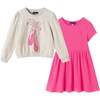 Girls Ballerina Sweatshirt & Ribbed Dress Set, Pink - Dresses - 1 - thumbnail