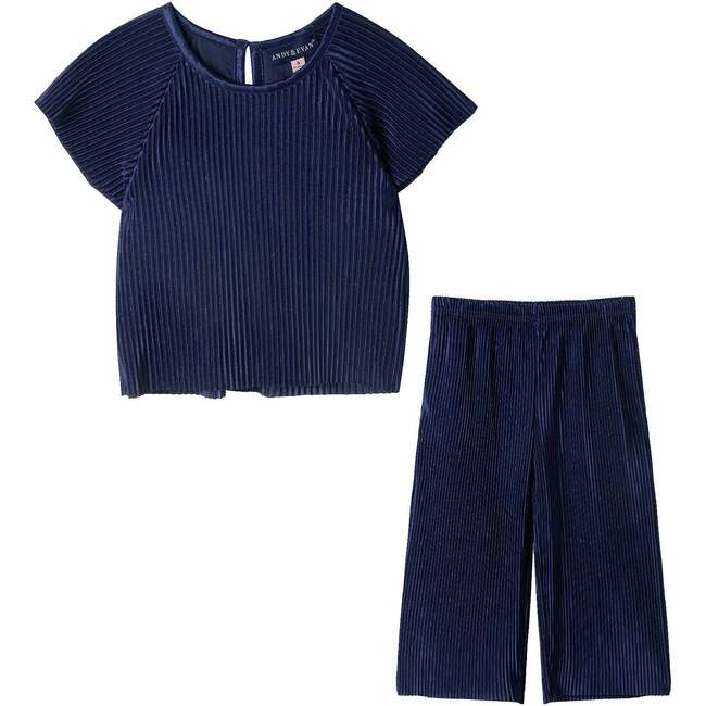 Girls Dressy Pant Set, Navy Plisse