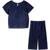 Girls Dressy Pant Set, Navy Plisse - Mixed Apparel Set - 3