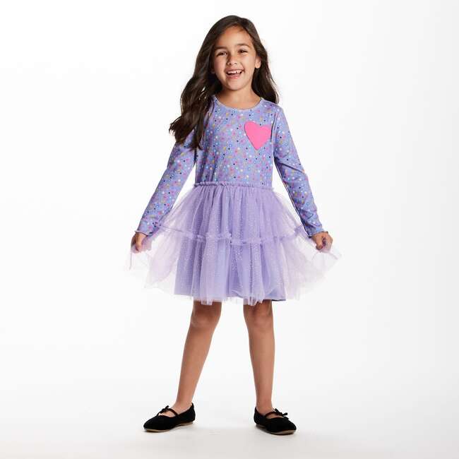 Kids Printed Rib Knit Dress, Purple Hearts - Dresses - 4