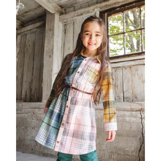 Shirt Dress with Belt Green Pink and Yellow, Green, Pink and Yellow - Dresses - 2