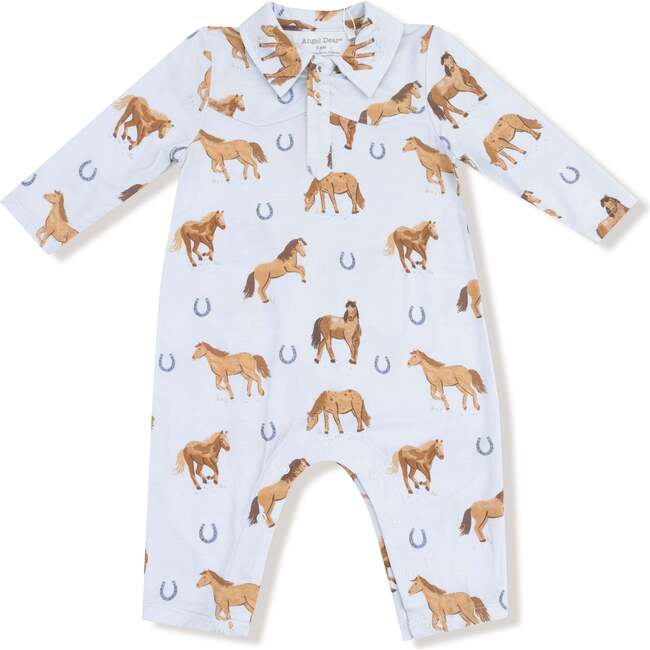 Long Sleeve Cowboy Romper Horses, Blue