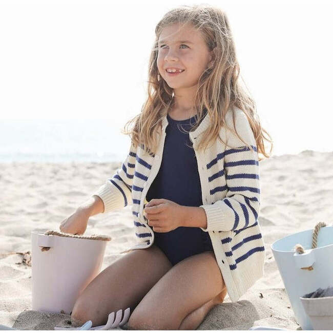 Knit Cardigan, Cream/Breton Stripes - Cardigans - 2
