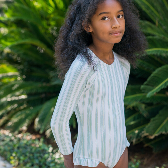 Cumberland Stripe Rashguard One Piece, Green/White - One Pieces - 2