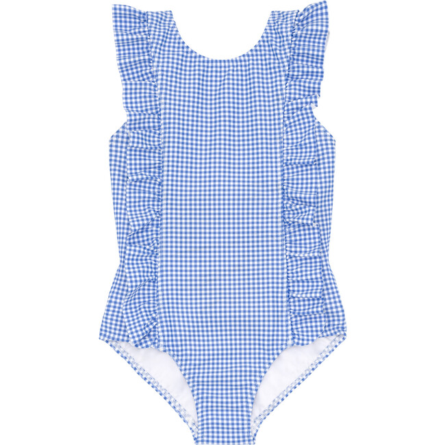 Girls Sky Blue Gingham Ruffle One Piece