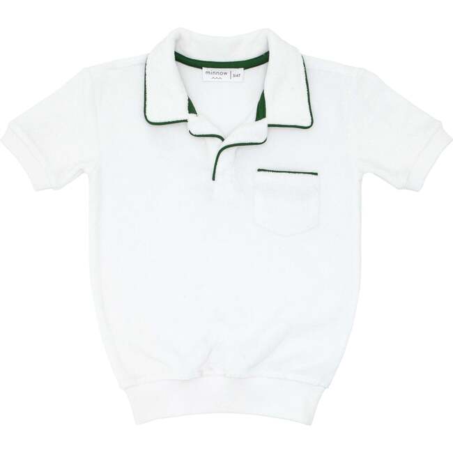 Unisex White Terry Polo With Ribbed Hem