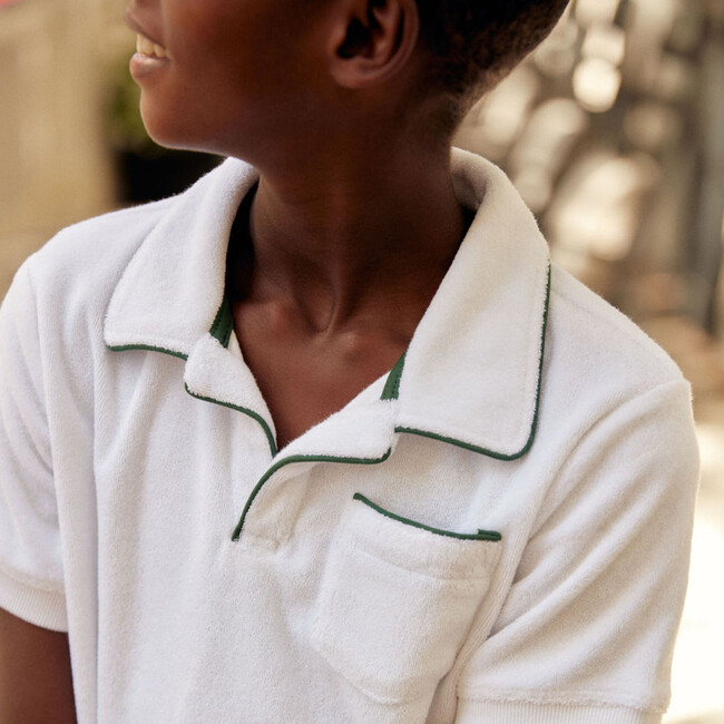 Unisex White Terry Polo With Ribbed Hem