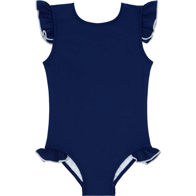 Girls Navy With White Trim Ruffle Sleeve Rashguard One Piece - One Pieces - 1