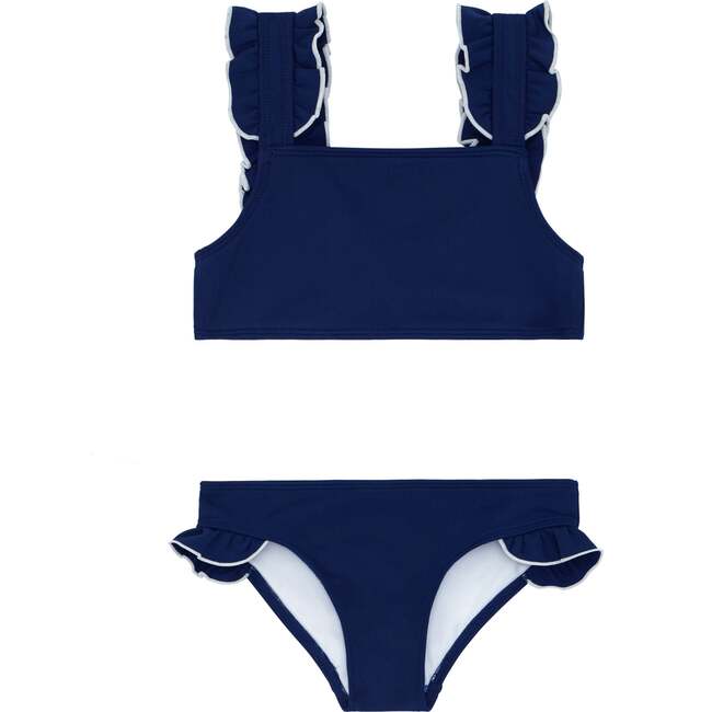 Girls Navy With White Trim Ruffle Strap Bikini