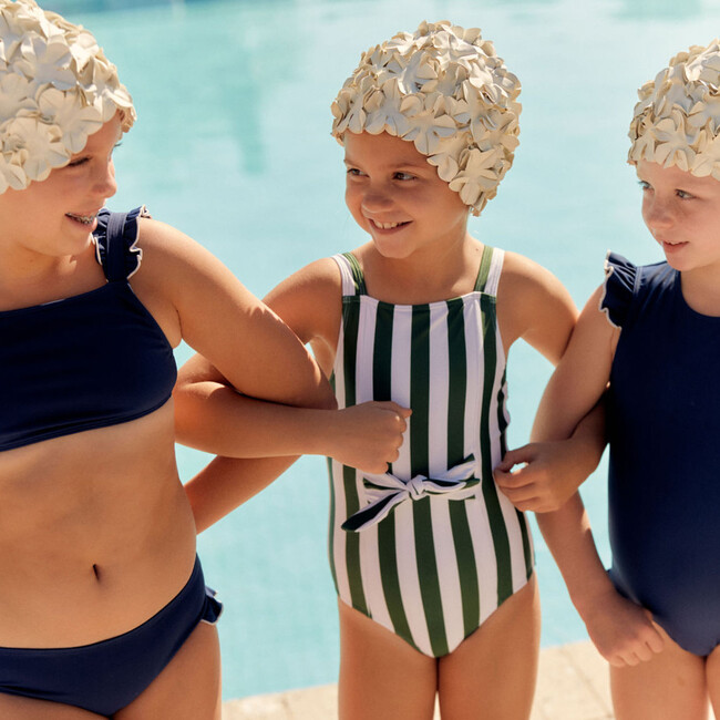 Girls Navy With White Trim Ruffle Strap Bikini - Two Pieces - 6