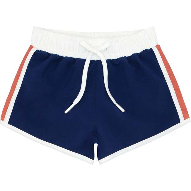 Drawstring Boardie Shorts, Navy And Dusty Red - Swim Trunks - 1
