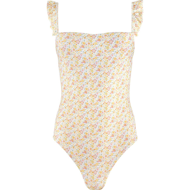 Women's Marigold Floral Print Ruffle Strap Square Neck Low Back One-Piece, Yellow