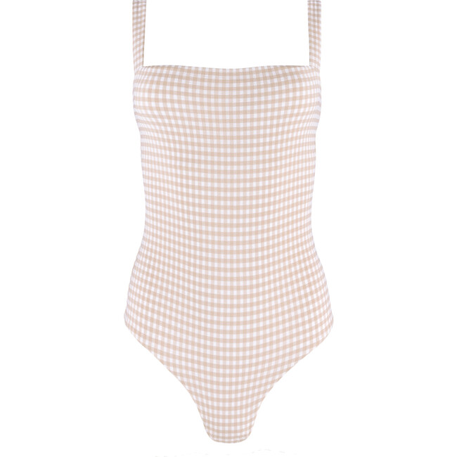 Women's Crinkle Gingham Print Low Back Compression Fit One-Piece, Brown