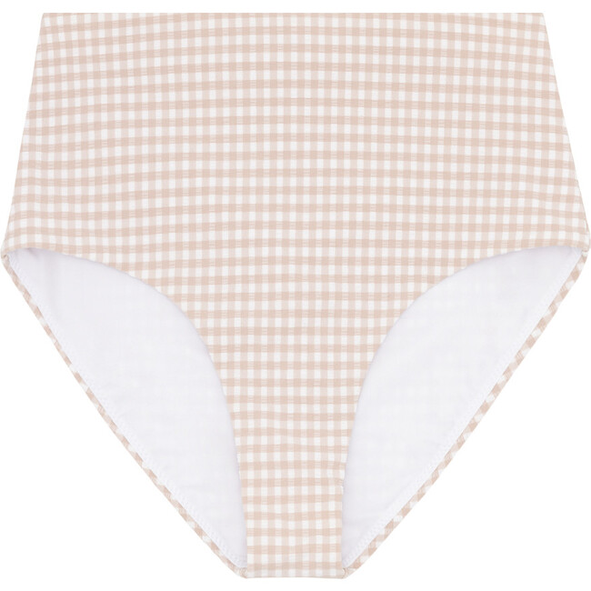 Women's Crinkle Gingham Print Straight High Waist Bikini Bottom, Brown